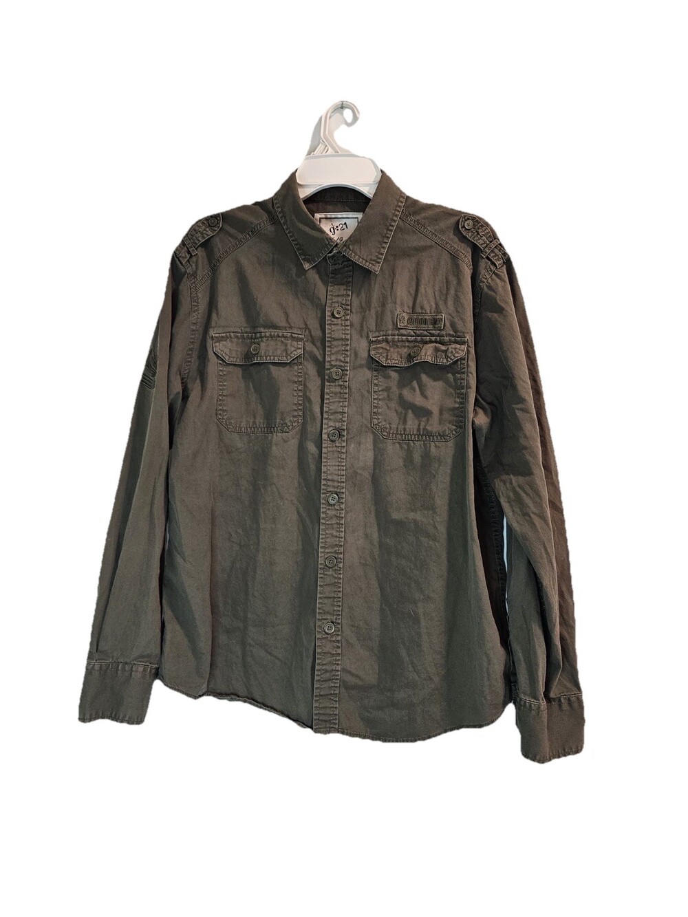 G:21 Mens L Olive Green Military Style Long Sleeve Pockets